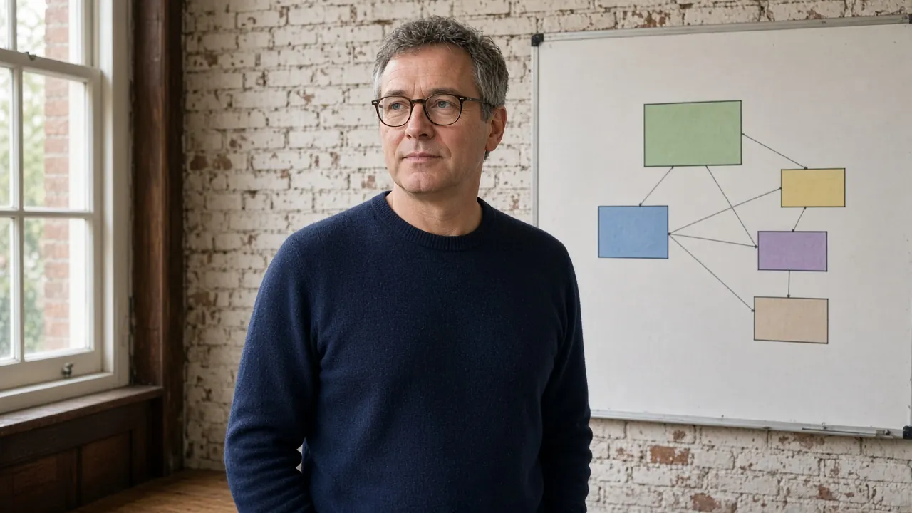 Dr. Arjan Willems bij een whiteboard met zinsdiagrammen in een Amsterdams grammaticalaboratorium