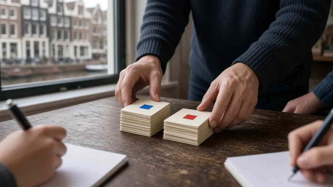 Lidwoordkaarten en notitieboek tijdens de-het les in het Amsterdamse grammaticalaboratorium