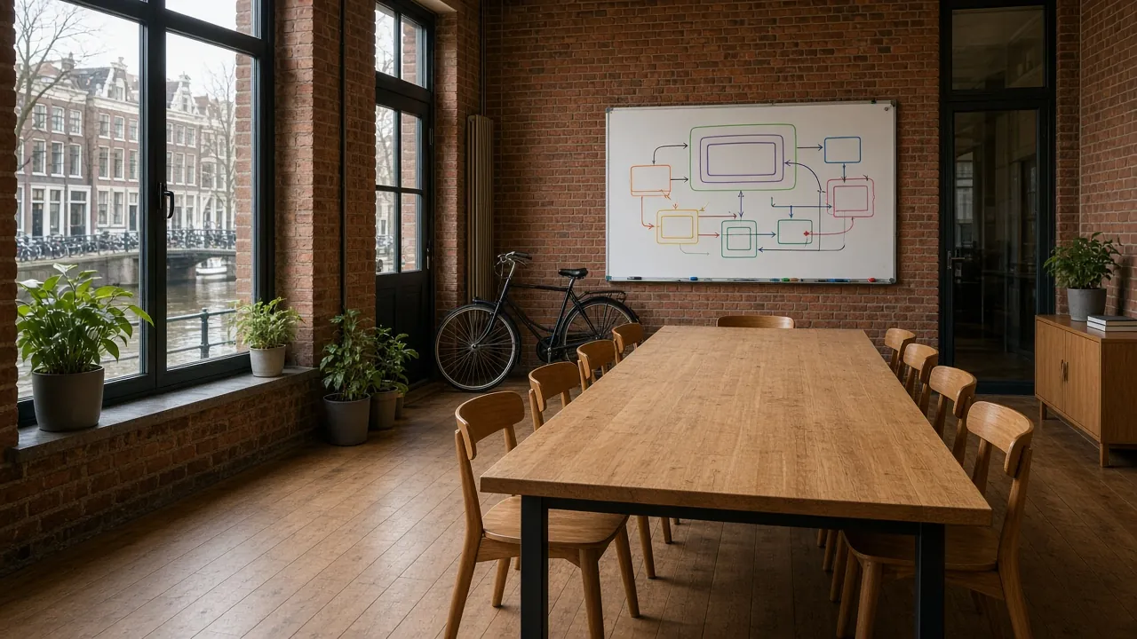 Leeg Amsterdams grammaticalaboratorium met eiken tafel, whiteboard en zinsdiagrammen voor de avondles