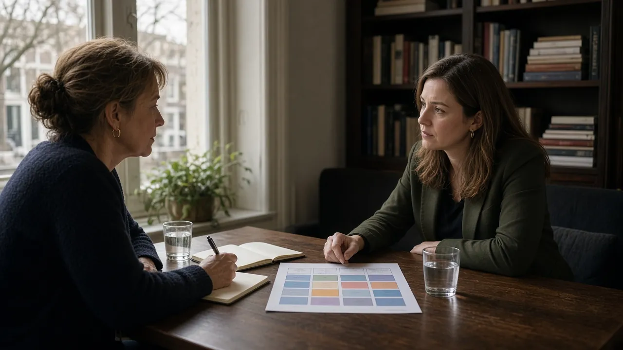 Intakegesprek in het Amsterdamse grammaticalab met zinsanalyse en notitieboek op tafel