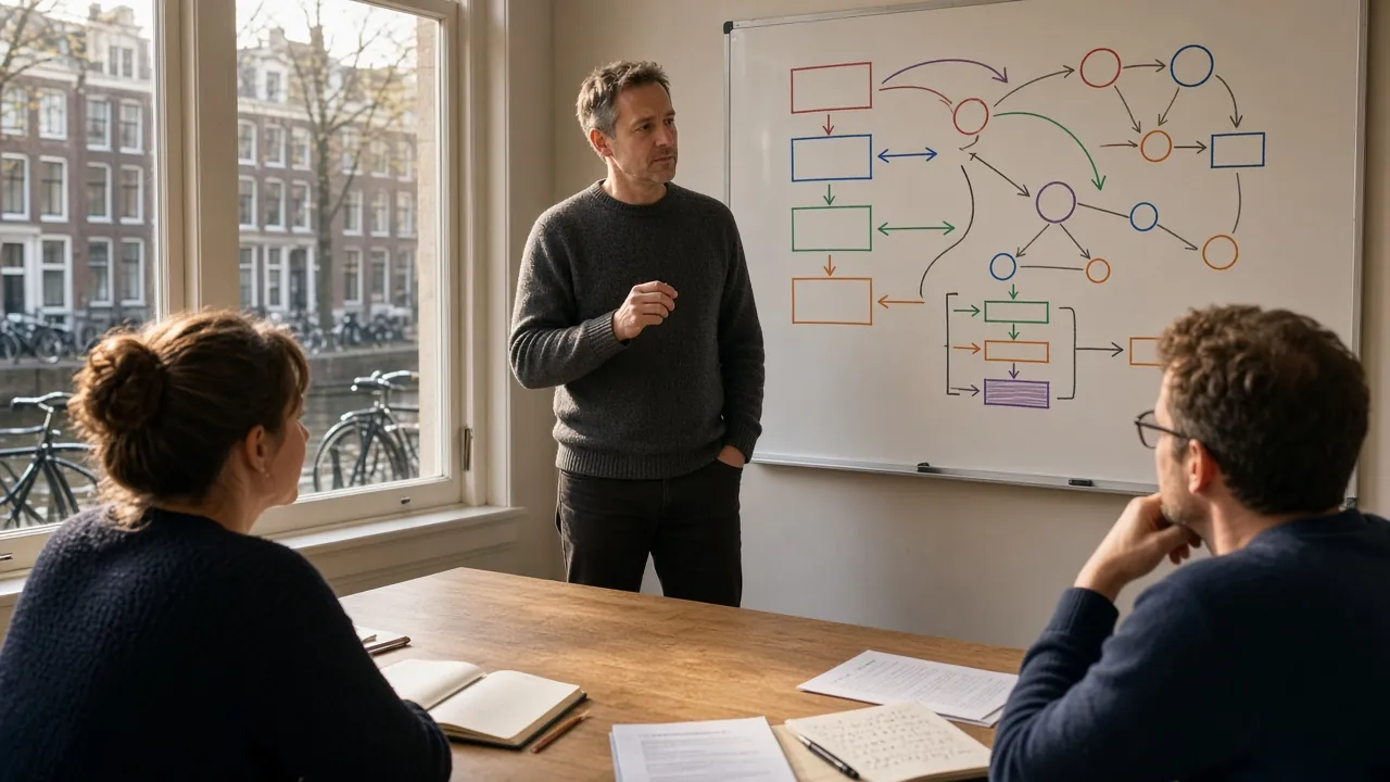 Docent legt Nederlandse zinsstructuur uit aan twee volwassen cursisten in een Amsterdams grachtenpandlokaal