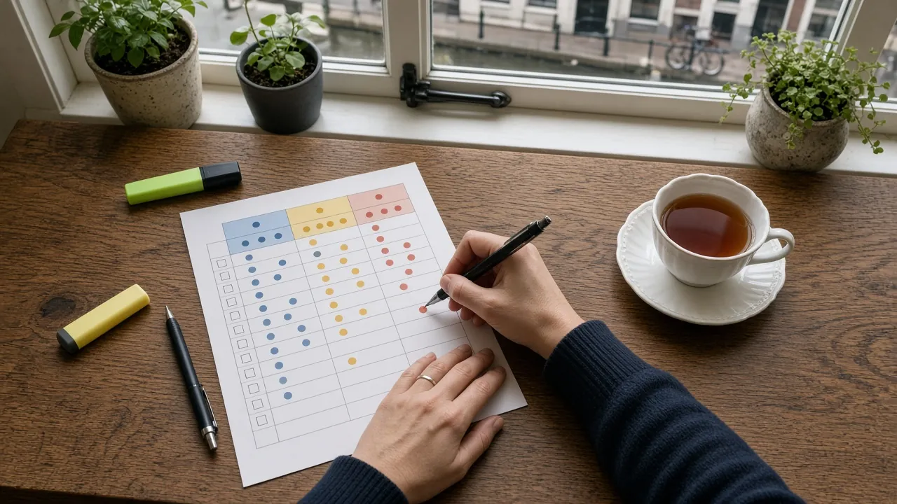 Cursist markeert een tijdlijn van Nederlandse werkwoordstijden aan een eiken tafel in Amsterdam