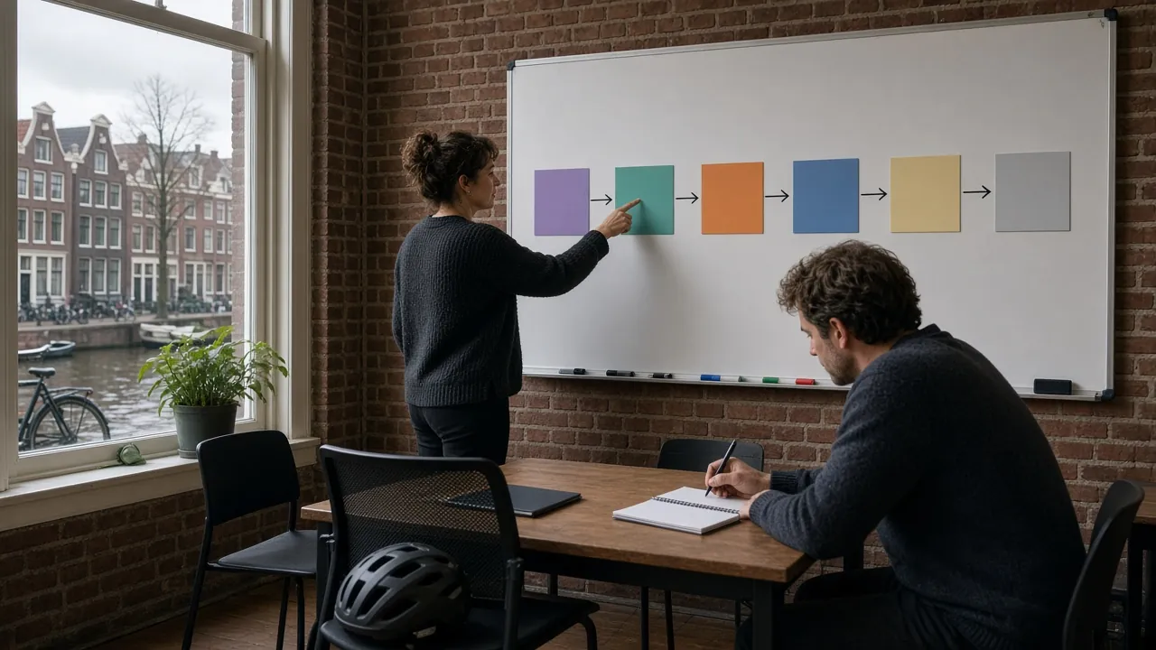Gekleurde zinsblokken voor V2-woordvolgorde op een whiteboard in een Amsterdams leslokaal