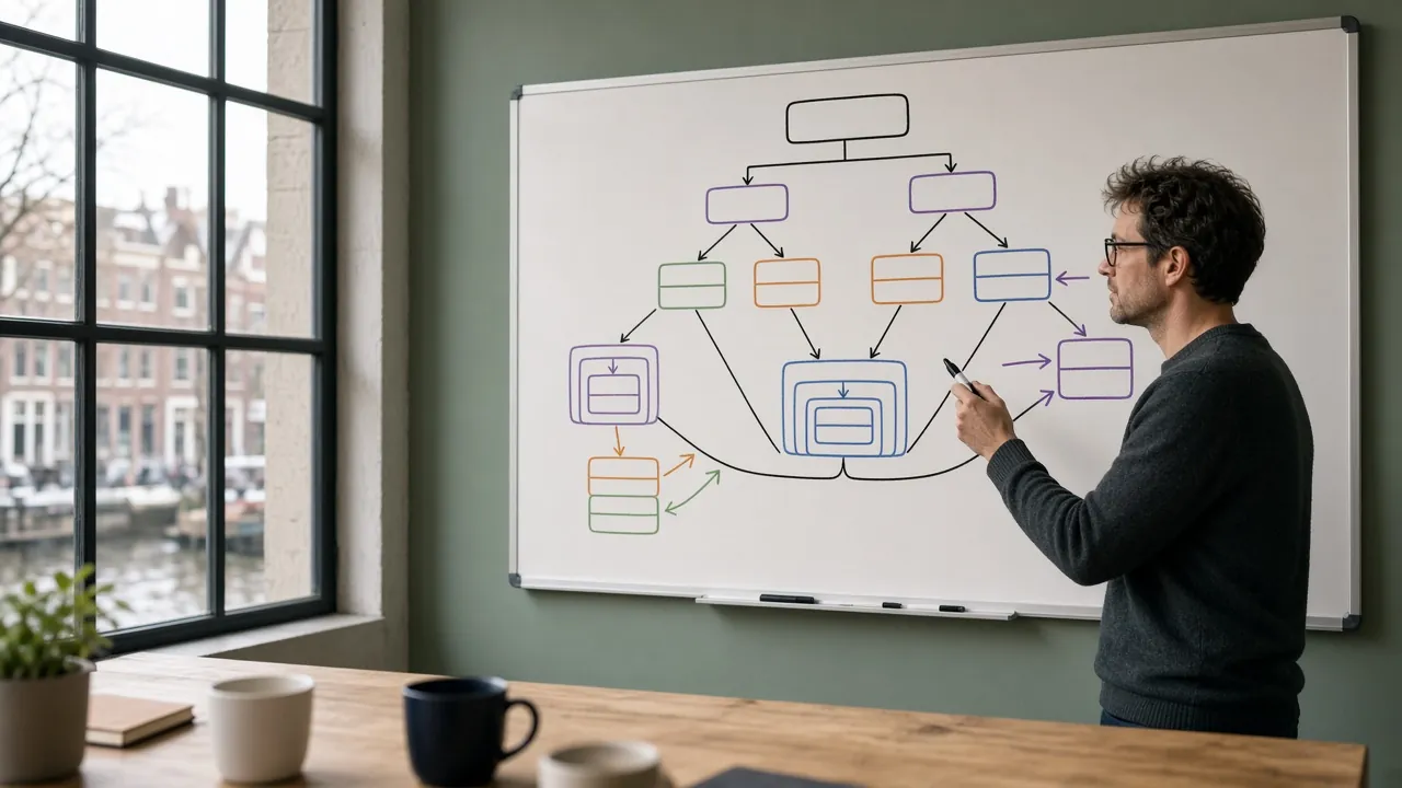 Zinsboom op whiteboard als oefenmodel voor Nederlandse zinslogica in Amsterdam